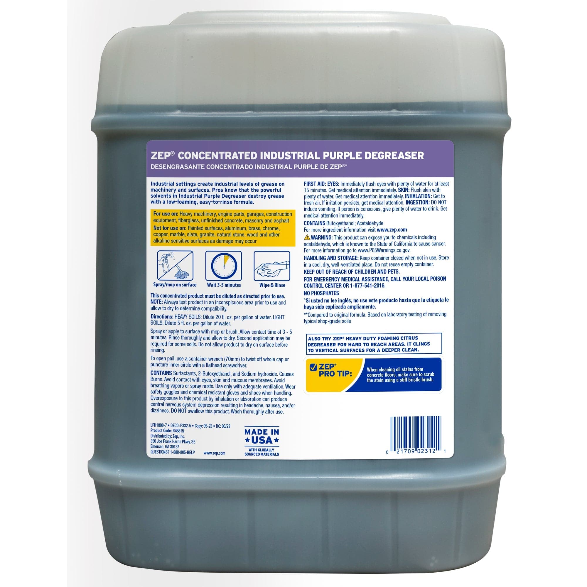 Zep Industrial Purple Cleaner and Degreaser Concentrate - 5 Gal (1 Pail) - R45815 - Zep's Most Powerful Deep Cleaning Formula